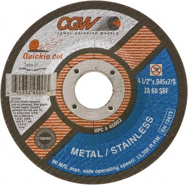 Camel Grinding Wheels - 60 Grit, 9" Wheel Diam, 1/16" Wheel Thickness, 7/8" Arbor Hole, Type 27 Depressed Center Wheel - Medium Grade, Zirconia Alumina, Resinoid Bond, S Hardness, 6,600 Max RPM - Apex Tool & Supply