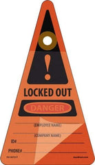 NMC - 7" High x 4" Long, LOCKED OUT - DANGER - EMPLOYEE NAME ___ COMPANY NAME ___ID#___PHONE#___, English Safety & Facility Lockout Tag - Tag Header: Danger, 1 Side, Orange Unrippable Vinyl - Apex Tool & Supply