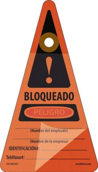 NMC - 7" High x 4" Long, BLOQUEADO - PELIGRO - Nombre del empleado___Nombre de la empresa___ IDENTIFICACION#:___Telefono#:___, Spanish Safety & Facility Lockout Tag - Tag Header: Danger, 1 Side, Orange Unrippable Vinyl - Apex Tool & Supply