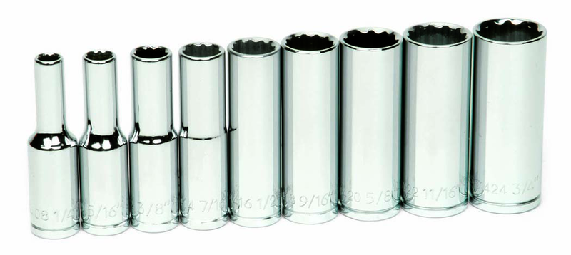 9 Piece - 3/8" Drive - Deep 12 Point Socket Set on Clip Rail SAE - Apex Tool & Supply