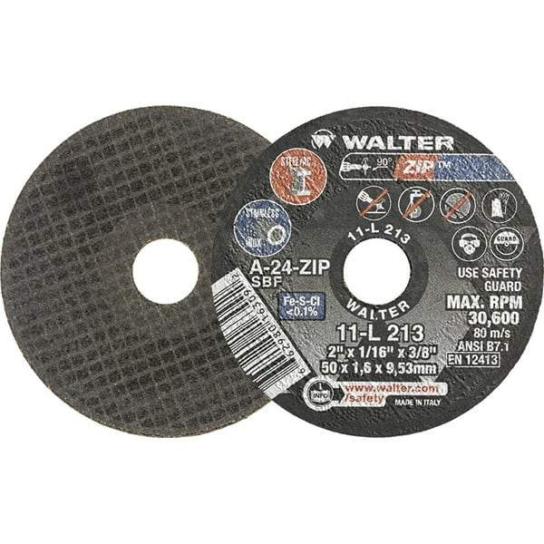 WALTER Surface Technologies - 2" 24 Grit Aluminum Oxide Cutoff Wheel - 1/16" Thick, 3/8" Arbor, 31,000 Max RPM, Use with Die Grinders - Apex Tool & Supply