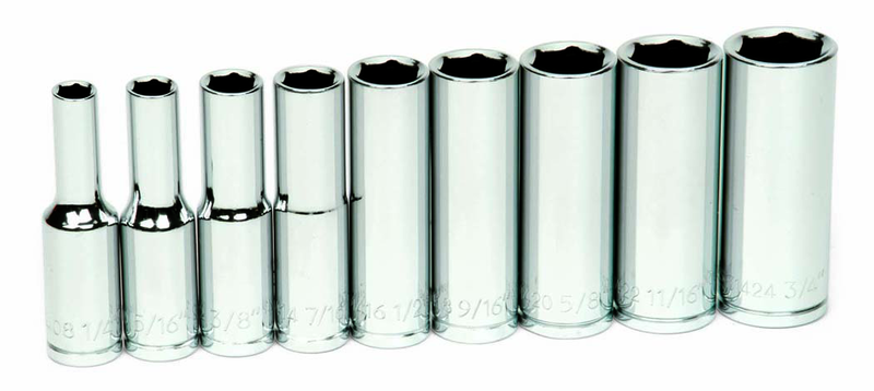 9 Piece - 3/8" Drive - Deep 6 Point Socket Set on Clip Rail SAE - Apex Tool & Supply