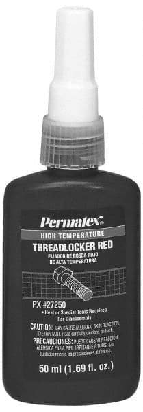 Permatex - 50 mL Bottle, Red, High Strength Liquid Threadlocker - Series 272, 24 hr Full Cure Time, Hand Tool, Heat Removal - Apex Tool & Supply