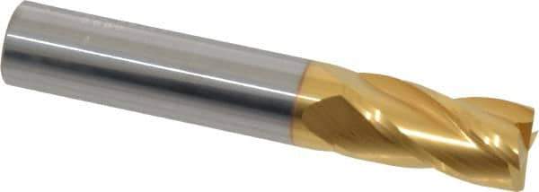 SGS - 1/2", 1" LOC, 1/2" Shank Diam, 3" OAL, 4 Flute, Solid Carbide Square End Mill - Single End, TiN Finish, Spiral Flute, 30° Helix, Centercutting, Right Hand Cut, Right Hand Flute, Series 1 - Apex Tool & Supply