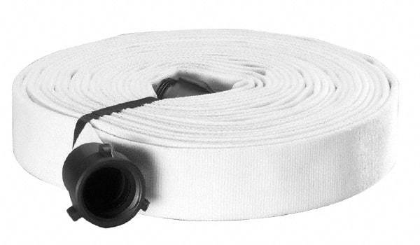 Made in USA - 2-1/2" ID x 2-13/16" OD, 250 Working psi, White Polyester/Rubber Fire Hose, Single Jacket - 2-1/2" NH/NST Ends, 100' Long, -40 to 150°F,750 Burst psi - Apex Tool & Supply