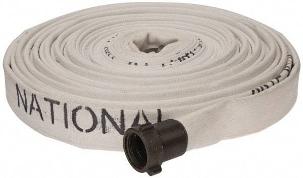 Made in USA - 1-1/2" ID x 1-3/4" OD, 150 Working psi, White Polyester/Rubber Fire Hose, Single Jacket - 1-1/2" NH/NST Ends, 100' Long, -40 to 150°F,450 Burst psi - Apex Tool & Supply