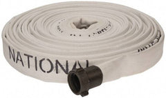 Made in USA - 1-1/2" ID x 1-3/4" OD, 150 Working psi, White Polyester/Rubber Fire Hose, Single Jacket - 1-1/2" NH/NST Ends, 100' Long, -40 to 150°F,450 Burst psi - Apex Tool & Supply