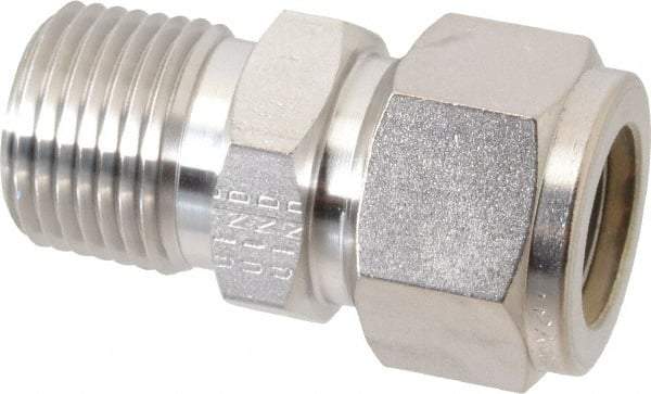 Parker - 5/8" OD, Stainless Steel Male Connector - -425 to 1,200°F, 15/16" Hex, Comp x MNPT Ends - Apex Tool & Supply