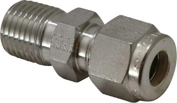 Parker - 5/16" OD, Stainless Steel Male Connector - -425 to 1,200°F, 9/16" Hex, Comp x MNPT Ends - Apex Tool & Supply