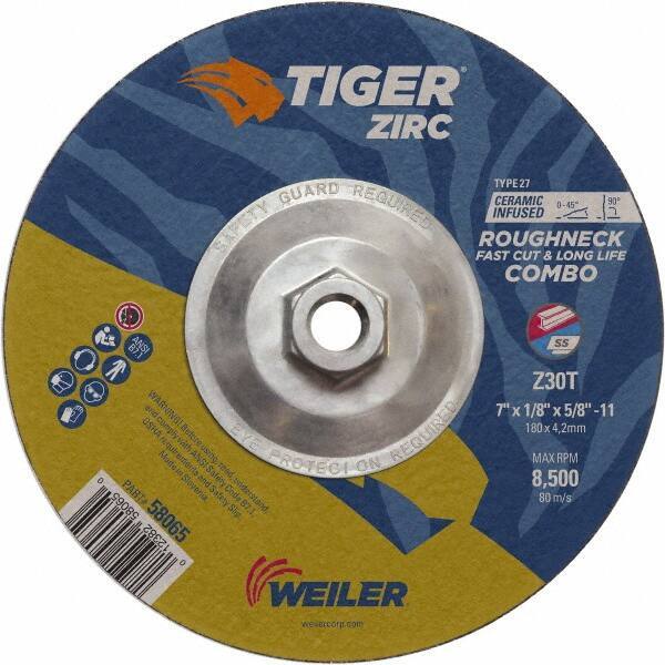 Weiler - 30 Grit, 9" Wheel Diam, Type 27 Depressed Center Wheel - Hard Grade, Zirconia Alumina, T Hardness, 8,500 Max RPM - Apex Tool & Supply
