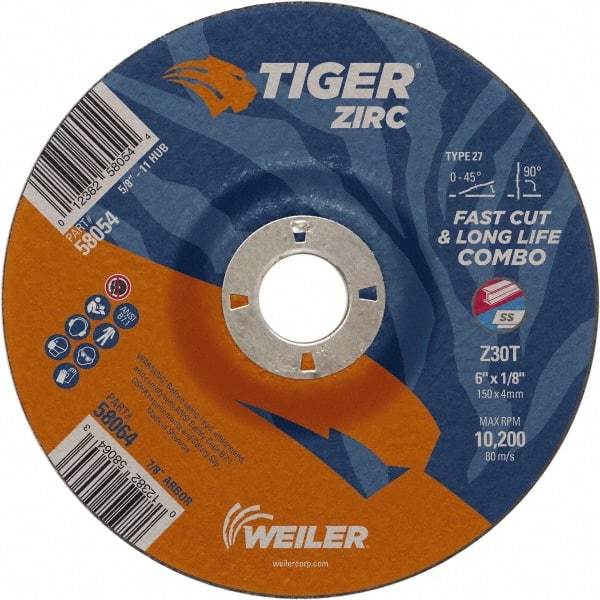 Weiler - 30 Grit, 9" Wheel Diam, 7/8" Arbor Hole, Type 27 Depressed Center Wheel - Hard Grade, Zirconia Alumina, T Hardness, 10,200 Max RPM - Apex Tool & Supply