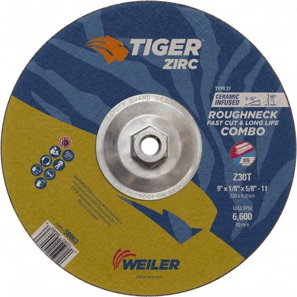 Weiler - 30 Grit, 9" Wheel Diam, Type 27 Depressed Center Wheel - Hard Grade, Zirconia Alumina, T Hardness, 6,600 Max RPM - Apex Tool & Supply