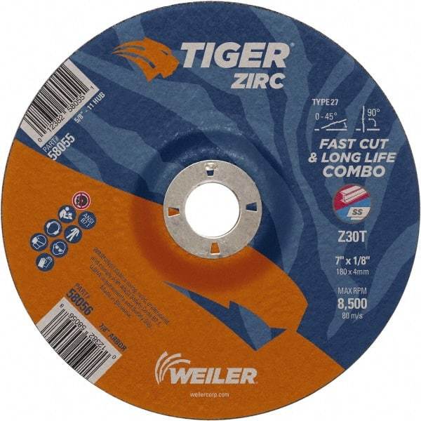 Weiler - 30 Grit, 7" Wheel Diam, 7/8" Arbor Hole, Type 27 Depressed Center Wheel - Hard Grade, Zirconia Alumina, T Hardness, 8,500 Max RPM - Apex Tool & Supply