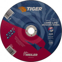 Weiler - 24 Grit, 9" Wheel Diam, 7/8" Arbor Hole, Type 28 Depressed Center Wheel - Medium Grade, Aluminum Oxide, R Hardness, 6,600 Max RPM - Apex Tool & Supply