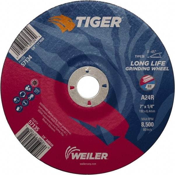 Weiler - 24 Grit, 7" Wheel Diam, 7/8" Arbor Hole, Type 28 Depressed Center Wheel - Medium Grade, Aluminum Oxide, R Hardness, 8,500 Max RPM - Apex Tool & Supply
