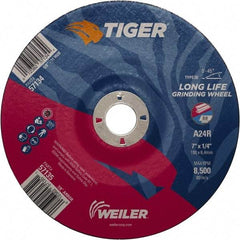 Weiler - 24 Grit, 7" Wheel Diam, 7/8" Arbor Hole, Type 28 Depressed Center Wheel - Medium Grade, Aluminum Oxide, R Hardness, 8,500 Max RPM - Apex Tool & Supply