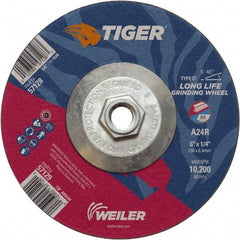 Weiler - 24 Grit, 6" Wheel Diam, Type 27 Depressed Center Wheel - Medium Grade, Aluminum Oxide, R Hardness, 10,200 Max RPM - Apex Tool & Supply