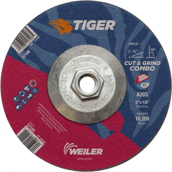 Weiler - 30 Grit, 6" Wheel Diam, Type 27 Depressed Center Wheel - Medium Grade, Aluminum Oxide, S Hardness, 10,200 Max RPM - Apex Tool & Supply