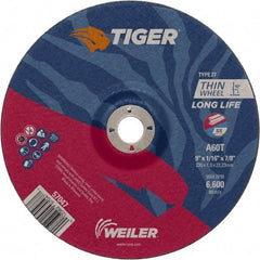 Weiler - 60 Grit, 9" Wheel Diam, 7/8" Arbor Hole, Type 27 Depressed Center Wheel - Hard Grade, Aluminum Oxide, T Hardness, 6,600 Max RPM - Apex Tool & Supply