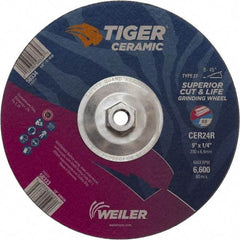 Weiler - 24 Grit, 9" Wheel Diam, Type 27 Depressed Center Wheel - Medium Grade, Ceramic, R Hardness, 6,600 Max RPM - Apex Tool & Supply