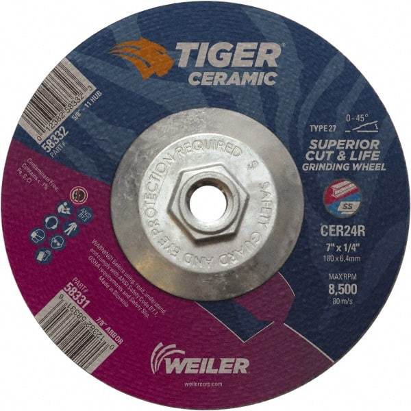 Weiler - 24 Grit, 7" Wheel Diam, Type 27 Depressed Center Wheel - Medium Grade, Ceramic, R Hardness, 8,500 Max RPM - Apex Tool & Supply
