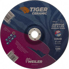 Weiler - 24 Grit, 9" Wheel Diam, 7/8" Arbor Hole, Type 27 Depressed Center Wheel - Medium Grade, Ceramic, R Hardness, 6,600 Max RPM - Apex Tool & Supply