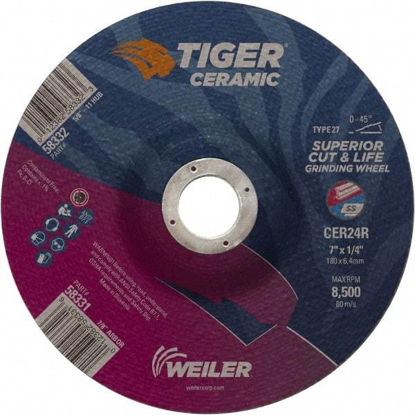 Weiler - 24 Grit, 7" Wheel Diam, 7/8" Arbor Hole, Type 27 Depressed Center Wheel - Medium Grade, Ceramic, R Hardness, 8,500 Max RPM - Apex Tool & Supply