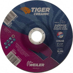 Weiler - 24 Grit, 6" Wheel Diam, 7/8" Arbor Hole, Type 27 Depressed Center Wheel - Medium Grade, Ceramic, R Hardness, 10,200 Max RPM - Apex Tool & Supply