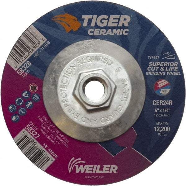 Weiler - 24 Grit, 5" Wheel Diam, Type 27 Depressed Center Wheel - Medium Grade, Ceramic, R Hardness, 12,200 Max RPM - Apex Tool & Supply