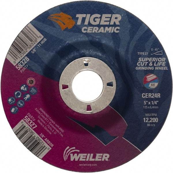 Weiler - 24 Grit, 5" Wheel Diam, 7/8" Arbor Hole, Type 27 Depressed Center Wheel - Medium Grade, Ceramic, R Hardness, 12,200 Max RPM - Apex Tool & Supply