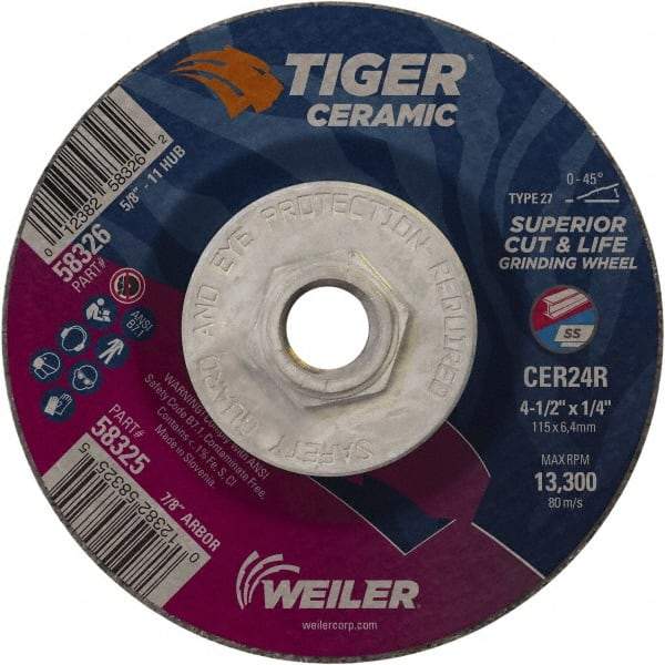 Weiler - 24 Grit, 4-1/2" Wheel Diam, Type 27 Depressed Center Wheel - Medium Grade, Ceramic, R Hardness, 13,300 Max RPM - Apex Tool & Supply