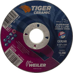 Weiler - 24 Grit, 4-1/2" Wheel Diam, 7/8" Arbor Hole, Type 27 Depressed Center Wheel - Medium Grade, Ceramic, R Hardness, 13,300 Max RPM - Apex Tool & Supply