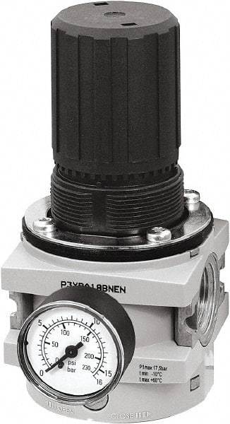Parker - 3/4 NPT Port, 380 CFM, Aluminum Hi-Flow Regulator - 0 to 174 psi Range, 254 Max psi Supply Pressure, 1/4" Gauge Port Thread, 3-1/2" Wide x 7.2" High - Apex Tool & Supply