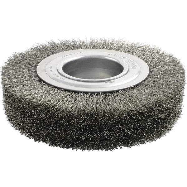 Brush Research Mfg. - 6" OD, 2" Arbor Hole, Crimped Stainless Steel Wheel Brush - 1-3/8" Face Width, 1-1/8" Trim Length, 4,500 RPM - Apex Tool & Supply