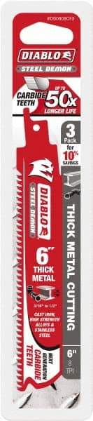 Freud - 6" Long x 1" Thick, Carbide Reciprocating Saw Blade - Straight Profile, 8 TPI, Toothed Edge, Tang Shank - Apex Tool & Supply