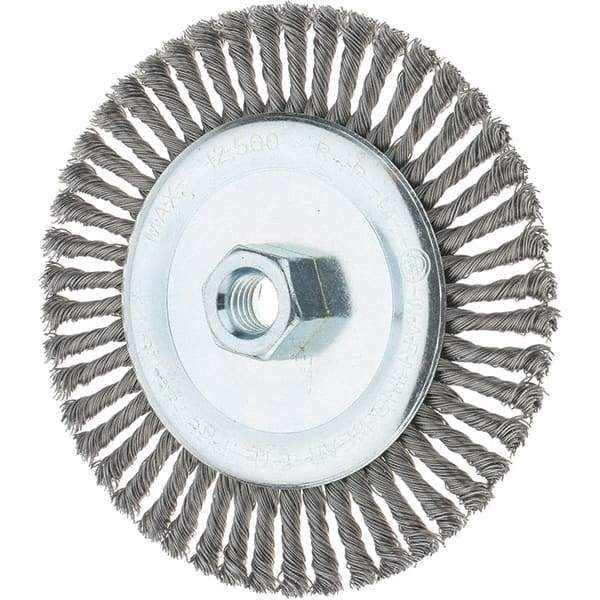 Tru-Maxx - 6" OD, 5/8-11 Arbor Hole, Stringer Bead Steel Wheel Brush - 3/16" Face Width, 1-1/8" Trim Length, 0.02" Filament Diam, 12,500 RPM - Apex Tool & Supply