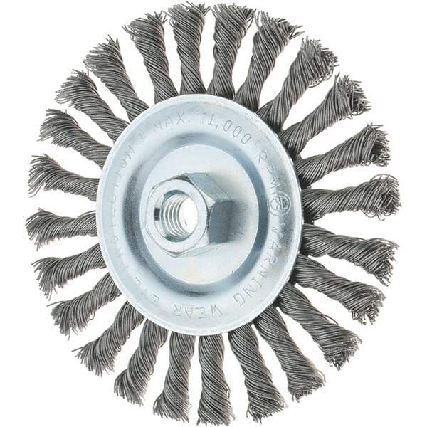 Tru-Maxx - 6" OD, 5/8-11 Arbor Hole, Knotted Steel Wheel Brush - 1/2" Face Width, 1-3/8" Trim Length, 0.02" Filament Diam, 12,500 RPM - Apex Tool & Supply