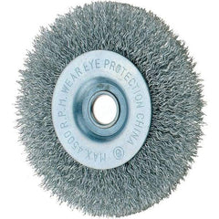 Tru-Maxx - 4" OD, 1/2" Arbor Hole, Crimped Steel Wheel Brush - 1/2" Face Width, 3/4" Trim Length, 0.014" Filament Diam, 6,000 RPM - Apex Tool & Supply