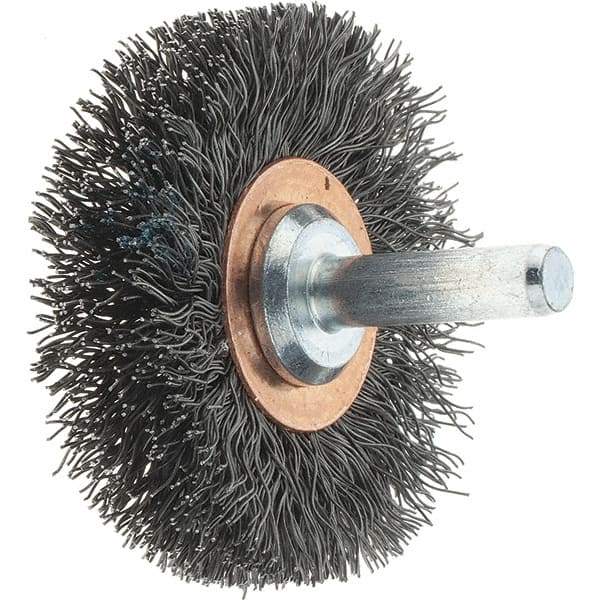 Tru-Maxx - 2" OD, 1/4" Shank Diam, Crimped Steel Wheel Brush - 3/8" Face Width, 1/2" Trim Length, 0.0118" Filament Diam, 20,000 RPM - Apex Tool & Supply