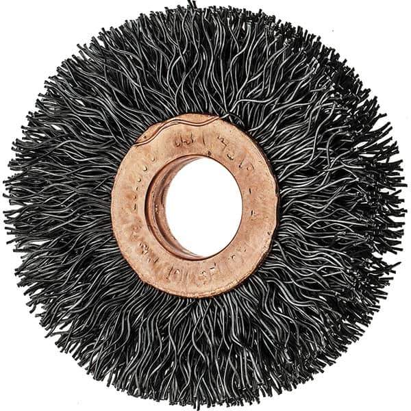 Tru-Maxx - 2" OD, 1/2" Arbor Hole, Crimped Steel Wheel Brush - 3/8" Face Width, 1/2" Trim Length, 0.014" Filament Diam, 20,000 RPM - Apex Tool & Supply