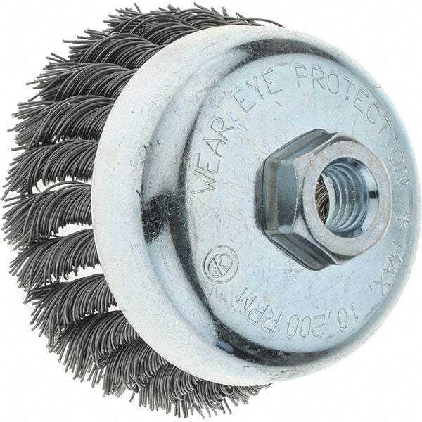 Tru-Maxx - 4" Diam, 5/8-11 Threaded Arbor, Steel Fill Cup Brush - 0.023 Wire Diam, 1-1/4" Trim Length, 10,200 Max RPM - Apex Tool & Supply