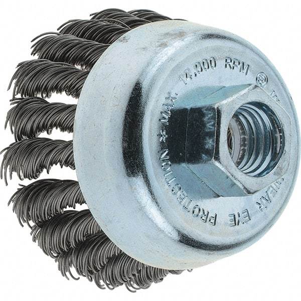 Tru-Maxx - 2-3/4" Diam, 5/8-11 Threaded Arbor, Steel Fill Cup Brush - 0.02 Wire Diam, 1" Trim Length, 14,000 Max RPM - Apex Tool & Supply