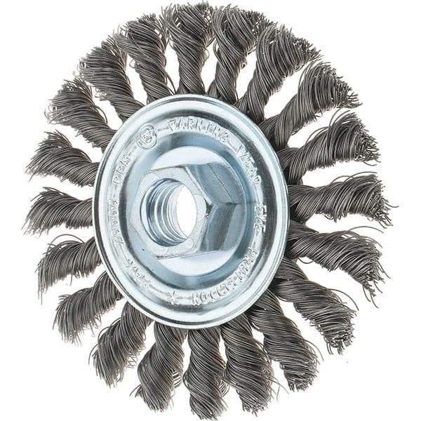 Tru-Maxx - 4" OD, 5/8-11 Arbor Hole, Knotted Steel Wheel Brush - 1/2" Face Width, 7/8" Trim Length, 0.014" Filament Diam, 20,000 RPM - Apex Tool & Supply