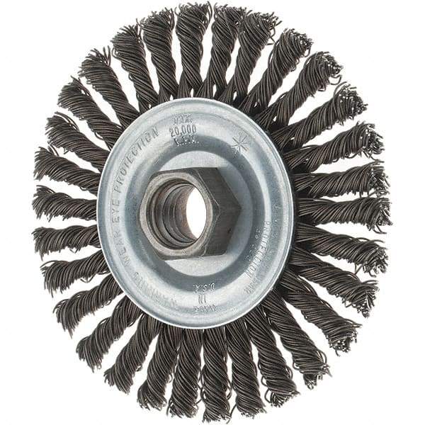 Tru-Maxx - 4" OD, 5/8-11 Arbor Hole, Stringer Bead Steel Wheel Brush - 1/4" Face Width, 7/8" Trim Length, 0.02" Filament Diam, 20,000 RPM - Apex Tool & Supply