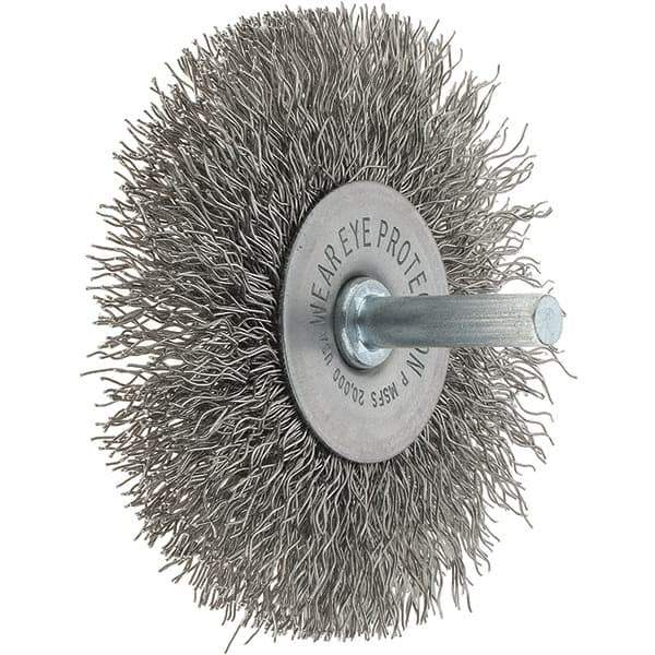 Tru-Maxx - 3" OD, 1/4" Shank Diam, Crimped Stainless Steel Wheel Brush - 1/2" Face Width, 13/16" Trim Length, 0.014" Filament Diam, 20,000 RPM - Apex Tool & Supply