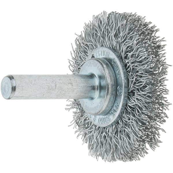 Tru-Maxx - 1-1/2" OD, 1/4" Shank Diam, Crimped Steel Wheel Brush - 1/4" Face Width, 3/8" Trim Length, 0.0118" Filament Diam, 20,000 RPM - Apex Tool & Supply