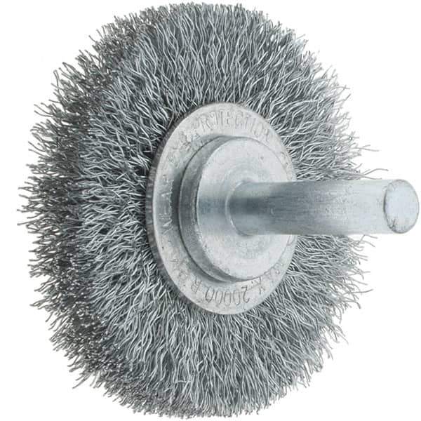 Tru-Maxx - 2" OD, 1/4" Shank Diam, Crimped Steel Wheel Brush - 3/8" Face Width, 7/16" Trim Length, 0.008" Filament Diam, 20,000 RPM - Apex Tool & Supply