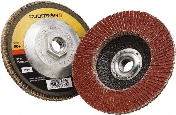 3M - 80 Grit, 4-1/2" Disc Diam, 5/8-11 Center Hole, Type 27 Ceramic Flap Disc - 13,300 Max RPM, Polyester Backing, Arbor Attaching System, Coated - Apex Tool & Supply