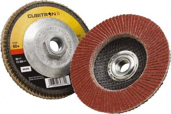 3M - 60 Grit, 4-1/2" Disc Diam, 5/8-11 Center Hole, Type 27 Ceramic Flap Disc - 13,300 Max RPM, Polyester Backing, Arbor Attaching System, Coated - Apex Tool & Supply