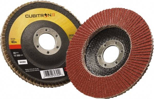 3M - 40 Grit, 5" Disc Diam, 7/8" Center Hole, Type 29 Ceramic Flap Disc - 12,100 Max RPM, Polyester Backing, Arbor Attaching System, Coated - Apex Tool & Supply